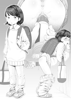 1boy 1girl anus ass backpack bag blush censored clothes_pull crime_prevention_buzzer dildo greyscale highres loli moaning monochrome mosaic_censoring moumai object_insertion original pants pants_pull pussy randoseru sex_toy shirt shoes sweat sweater thighs vaginal vaginal_object_insertion