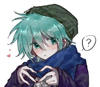 Rule 34 | 1boy, :<, ?, absurdres, ai shin, aqua eyes, aqua hair, beanie, blue jacket, blue scarf, blush, chinese commentary, commentary request, green hat, guzi15613491, hat, heart, heart hands, highres, jacket, kimi ga shine, portrait, scarf, simple background, solo, spoken question mark, white background