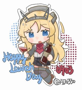 Rule 34 | 1girl, andrea (andreadoria0330), ascot, black skirt, blonde hair, blue eyes, bottle, chibi, cup, drinking glass, flower, headgear, holding, kantai collection, long hair, long sleeves, military uniform, neck flower, nelson (kancolle), nelson kai (kancolle), one-hour drawing challenge, red ascot, red flower, red rose, rose, skirt, smile, solo, twitter username, wine bottle, wine glass