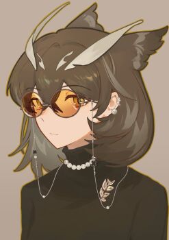 1girl ajiajia1104 arknights black_sweater brown_hair closed_mouth commentary ear_piercing glasses grey-framed_eyewear grey_background hair_between_eyes jewelry looking_at_viewer necklace orange-tinted_eyewear pearl_necklace piercing portrait round_eyewear short_hair silence_(arknights) simple_background solo sweater symbol-only_commentary tinted_eyewear turtleneck turtleneck_sweater yellow_eyes