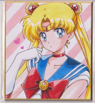 1girl bishoujo_senshi_sailor_moon blonde_hair blue_eyes blue_sailor_collar chikoto_(kztc4472) choker circlet collarbone commentary crescent crescent_earrings double_bun earrings elbow_gloves flower_earrings gloves hair_bun hair_ornament heart highres jewelry long_hair looking_at_viewer magical_girl red_choker sailor_collar sailor_moon sailor_senshi_uniform skirt smile solo traditional_media tsukino_usagi twintails white_gloves