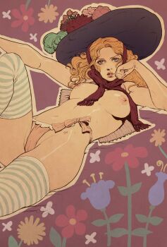 1girl bow breasts breasts_apart breasts_out commentary corset curly_hair english_commentary flower frills green_eyes hat highres jasmin_darnell lace lace-trimmed_panties lace_trim looking_at_viewer lying medium_breasts navel old-fashioned on_back orange_hair original outline pale_skin panties pink_bow pink_panties purple_hat red_scarf scarf simple_background solo striped_clothes striped_thighhighs thighhighs underwear white_outline