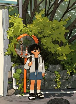 Rule 34 | 1girl, backpack, bag, black bag, black eyes, black hair, black sandals, blue shorts, blush, closed mouth, day, highres, hood, hood down, hooded jacket, jacket, manhole cover, open clothes, open jacket, original, outdoors, road, sandals, short hair, shorts, sihyun25, socks, solo, traffic mirror, tree, white jacket, white socks