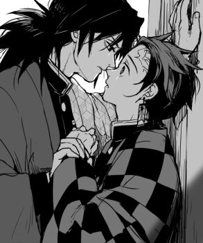 2boys against_wall buttons checkered_haori demon_slayer_uniform earrings fingernails greyscale hanafuda_earrings haori high_collar holding_another&#039;s_wrist japanese_clothes jewelry kamado_tanjirou kikkoumon kimetsu_no_yaiba looking_at_another low_ponytail male_focus monochrome multiple_boys parted_lips ponytail profile sinba_(ying-hua) spiked_hair tomioka_giyuu upper_body yaoi