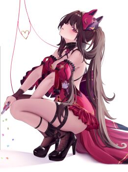 1girl absurdres ass asymmetrical_legwear bow breasts collar commentary_request detached_sleeves dress fishnet_socks fishnets fox_mask frills halterneck highres honkai:_star_rail honkai_(series) honkai_impact_3rd layered_dress long_hair makeup mask official_alternate_costume pink_eyes platform_heels red_eyes shadow socks sparkle_(fictitious_game)_(honkai:_star_rail) sparkle_(honkai:_star_rail) squatting thigh_strap toy_gun twintails una_hirag uneven_legwear very_long_hair