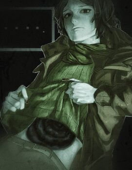 ... 1boy absurdres blank_stare coat coat_guy_(no_i'm_not_a_human) deadpan green_scarf green_sweater highres hole_in_stomach hole_on_body katsumira lifting_own_clothes looking_at_viewer missing_fingernails no_i'm_not_a_human open_clothes open_coat ribbed_shirt scarf shirt short_hair solo sweater