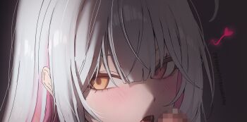 1boy 1girl absurdres ahoge blush censored colored_inner_hair commentary cropped english_commentary erection fellatio food grey_hair heart heterochromia highres licking licking_penis long_hair mosaic_censoring multicolored_hair open_mouth oral orange_eyes original paid_reward_available patreon_username penis pink_eyes pink_hair portrait sidelocks vitaminechan vivi_(vitaminechan)