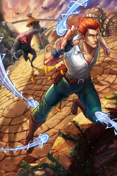 1boy 1other animal chasing demon foreshortening gandoufu guy_dangerous male_focus monkey monster orange_hair running sky temple temple_run tongue tongue_out tower