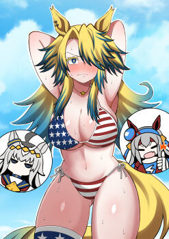 3girls absurdres alternate_costume american_flag american_flag_bikini american_flag_print animal_ears aramori_susumu armpits arms_up bikini blonde_hair blue_eyes blue_hair breasts cleavage closed_mouth colored_eyelashes commentary_request flag_print flag_print_bikini front-tie_bikini_top front-tie_top frown gradient_eyes gradient_hair gradient_tail hair_between_eyes highres horse_ears horse_girl horse_tail large_breasts leaning_forward long_hair looking_at_viewer multicolored_bikini multicolored_eyes multicolored_hair multiple_girls navel obey_your_master_(umamusume) oguri_cap_(umamusume) one_eye_closed open_mouth print_bikini side-tie_bikini_bottom smile solo_focus star-shaped_pupils star_(symbol) star_print stomach swimsuit symbol-shaped_pupils tail tamamo_cross_(umamusume) thighs two_side_up umamusume umamusume:_cinderella_gray yellow_tail