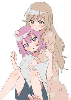 Rule 34 | 2girls, :o, amaori renako, barefoot, blue shorts, blush, brown eyes, brown hair, closed mouth, commentary request, dot nose, double-parted bangs, dress, hair between eyes, haru (konomi 150), highres, hug, hug from behind, knees up, long hair, long sleeves, multiple girls, open mouth, pink dress, purple eyes, purple hair, sena ajisai, shirt, short hair, short sleeves, shorts, simple background, sitting, t-shirt, watashi ga koibito ni nareru wake naijan murimuri!, white background, white shirt, yuri