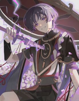 Rule 34 | 1boy, arm up, chinese commentary, drawing sword, electricity, evil grin, evil smile, eyeliner, floral background, flower, from above, genshin impact, grey background, grin, hair between eyes, hat, head tilt, highres, holding, holding sword, holding weapon, human scabbard, japanese clothes, jingmodeyilisen, katana, knee up, leaning to the side, looking at viewer, makeup, musou isshin (genshin impact), powering up, purple eyes, purple hair, red eyeliner, scaramouche (genshin impact), shade, short hair, short sleeves, smile, solo, sword, teeth, upper body, weapon, wide sleeves