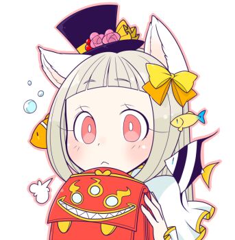 Rule 34 | 1girl, :<, arch bishop (ragnarok online), bag, blunt bangs, blush, bright pupils, commentary request, dress, fish hair ornament, flower, grey hair, hair ornament, hat, hat flower, holding, holding bag, oekakipikki, pink flower, pink hair, portrait, purple hat, ragnarok online, red bag, short hair, simple background, solo, top hat, white background, white dress, white pupils