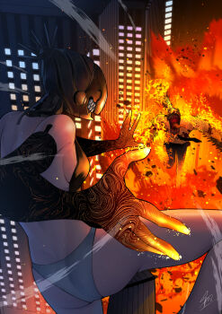 1boy 1girl absurdres alternate_form asarizer ass battle black_gloves black_necktie black_pants bomb_devil_(chainsaw_man) breasts building chainsaw_man city elbow_gloves explosion gloves grey_panties highres necktie night object_head open_mouth outdoors panties pants reze_(chainsaw_man) sharp_teeth sideboob small_breasts teeth underwear