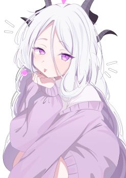 1girl blue_archive blush candy commentary demon_girl demon_horns food halo highres hina_(blue_archive) holding holding_candy holding_food horns kanimiso30601 long_hair looking_at_viewer purple_eyes solo symbol-only_commentary tongue tongue_out very_long_hair white_hair