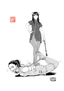 2girls bdsm bondage bound breasts china_dress chinese_clothes commentary_request dress gag greyscale highres kidnapped monochrome multiple_girls original restrained root001 shibari smile yuri