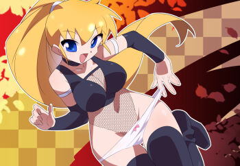 1girl autumn_leaves bare_shoulders black_boots black_shirt blonde_hair blue_eyes boots breasts character_request cleavage copyright_request crop_top fishnet_leotard fishnets high_ponytail kaidou_zx large_breasts leaf leotard long_hair ninja panties panty_pull ponytail shirt solo thigh_boots underwear white_panties