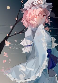 Rule 34 | 1girl, blue dress, branch, bug, butterfly, character name, cherry blossoms, commentary, dated, dress, frilled dress, frills, from side, hat, highres, insect, looking at viewer, mob cap, pink eyes, pink hair, saigyouji yuyuko, short hair, solo, symbol-only commentary, touhou, wssjzwcmd