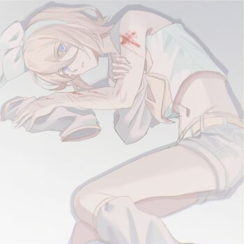 1girl blonde_hair blood blue_eyes blue_shorts bow detached_sleeves grey_leg_warmers hair_between_eyes hair_bow hairband hand_on_own_arm injury kagamine_rin leg_warmers navel neckerchief self-harm shirt short_hair shorts solo tears vocaloid white_bow white_hairband white_shirt wounds404 yellow_neckerchief