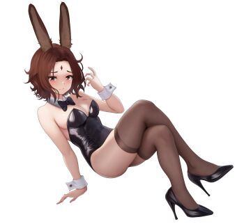 1girl absurdres animal_ear_hairband animal_ears bindi black_bow black_bowtie black_leotard black_thighhighs bow bowtie breasts brown_eyes cleavage detached_collar fake_animal_ears forehead hairband highres invisible_chair leotard medium_breasts nau_aru original pantyhose playboy_bunny rabbit_ears short_hair simple_background sitting solo strapless strapless_leotard thighhighs white_background wrist_cuffs