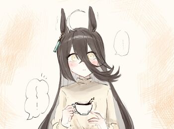 ... 1girl ahoge alternate_costume animal_ears black_hair blush commentary_request cup ear_tag earrings hair_between_eyes holding holding_cup horse_ears horse_girl hydr051 jewelry long_bangs long_hair long_hair_between_eyes long_sleeves looking_at_viewer manhattan_cafe_(umamusume) single_earring solo spoken_ellipsis sweater umamusume upper_body very_long_hair white_hair white_sweater yellow_eyes