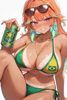 1girl ai-assisted alcohol alternate_costume beer beer_can bikini brazilian_flag brazilian_flag_bikini brazilian_flag_print brazilian_miku breasts can cleavage dark-skinned_female dark_skin drink_can earrings eyewear_on_head feather_earrings feathers flag_print flag_print_bikini foame gold_needle gradient_hair green_bikini green_hair green_nails halterneck hatsune_miku highres hololive hololive_english jewelry large_breasts long_hair looking_at_viewer multicolored_hair navel necklace orange_hair print_bikini purple_eyes side-tie_bikini_bottom simple_background smile solo string_bikini sunglasses swimsuit takanashi_kiara tan tanline tanline_peek thick_thighs thighs virtual_youtuber vocaloid white_background yellow_nails yellow_trim