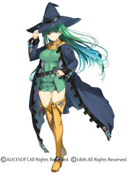 1girl adjusting_clothes adjusting_headwear blue_coat blue_eyes boots coat commentary_request copyright_notice crossover dress full_body green_dress green_hair hand_on_own_hip hat looking_at_viewer masou_shizuka official_art orion_(orionproject) rance_(series) rance_x second-party_source solo standing taimanin_(series) taimanin_rpgx thigh_boots white_background witch_hat yellow_boots