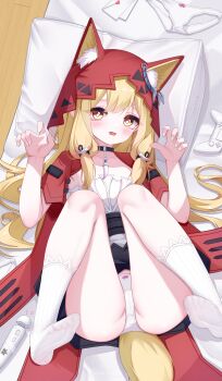 1girl absurdres animal_ear_fluff animal_ears ankle_socks arknights arknights:_endfield bed_sheet belt blonde_hair blush cape cloak commentary controller ears_through_headwear ears_through_hood endfield_industries_logo envelope female_focus game_controller heart high_belt highres hitachi_magic_wand hood hood_up hooded_cape jewelry loli looking_at_viewer low-tied_sidelocks lying necklace no_shoes on_back panties paw_pose pillow pixiv_id red_cape red_cloak red_hood ribbed_socks rossi_(arknights) sex_toy sidelocks socks solo tail toes tooth_necklace underwear variant_set vibrator white_panties white_socks wolf_ears wolf_girl wolf_tail wooden_floor yellow_eyes yu_fu_miko