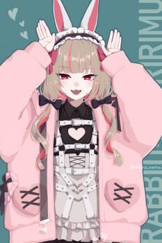 Rule 34 | 1girl, animal ear hairband, animal ears, apron, belt, black bow, black dress, blunt bangs, blush, bow, chest harness, cleavage cutout, clothing cutout, collared dress, colored inner hair, commentary request, corset, cowboy shot, cross-laced clothes, cross-laced corset, dress, fake animal ears, fangs, flat chest, frilled hairband, frilled shirt collar, frills, green background, grey hair, hair bow, hair over shoulder, hair ribbon, hairband, harness, heart, heart cutout, heart o-ring, highres, jacket, long hair, looking at viewer, loose belt, low twintails, maid, makaino ririmu, makaino ririmu (5th costume), minao omina, multicolored hair, multiple belts, nijisanji, o-ring, o-ring belt, o-ring harness, open clothes, open jacket, open mouth, pink hair, pink jacket, pink ribbon, pink streaks, pocket, pointy ears, rabbit ear hairband, rabbit ears, rabbit pose, red eyes, ribbon, sidelocks, skin fangs, sleeves past wrists, smile, solo, standing, streaked hair, twintails, twitter username, two-tone hair, virtual youtuber, waist apron, white apron, white belt, white corset, winged heart