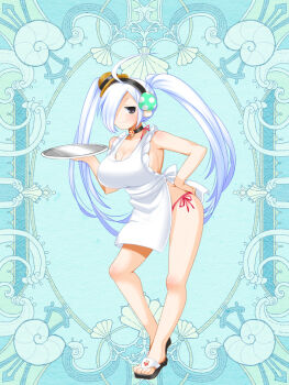 Rule 34 | 1girl, ahoge, apron, bikini, black eyes, breasts, cleavage, food-themed hair ornament, full body, hair ornament, hair over one eye, hand on own hip, hat, holding, holding tray, kerberos blade, large breasts, looking at viewer, mini hat, mushroom hair ornament, naked apron, ponpanpen, sandals, satoyama kinoko, side-tie bikini bottom, solo, standing, swimsuit, tilted headwear, tray, twintails, white hair