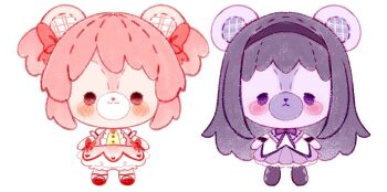 2girls :3 akemi_homura akemi_homura_(magical_girl) animal_ears bear_ears bear_girl black_hair blush_stickers bow bubble_skirt chibi chibi_only chibikemo commentary dress english_commentary frown full_body furrification furry furry_female gloves hair_bow holamonimoni kaname_madoka kaname_madoka_(magical_girl) long_hair looking_at_viewer magical_girl mahou_shoujo_madoka_magica multiple_girls pink_dress pink_eyes pink_hair puffy_sleeves purple_skirt red_bow red_shoes ribbon sentient_stuffed_toy shoes short_hair short_sleeves short_twintails simple_background skirt smile standing stuffed_animal stuffed_toy teddy_bear twintails white_background white_gloves