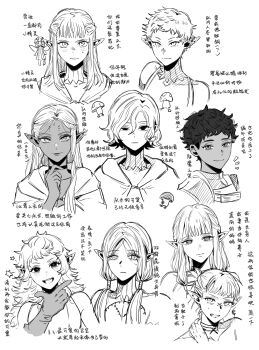 4boys 5girls absurdres bare_shoulders braid chest_tattoo chinese_text choker cithis cloak curly_hair dark-skinned_female dark-skinned_male dark_elf dark_skin dungeon_meshi elf facial_mark fairy_(dungeon_meshi) fleki forehead_mark gloves gorget greyscale hair_around_ear helki_(dungeon_meshi) highres hood hooded_cloak jewelry kabru lazy_eye long_hair long_sleeves looking_at_viewer low_twintails lycion male_focus milsiril mithrun monochrome multiple_boys multiple_girls notched_ear otta_(dungeon_meshi) pattadol pointy_ears ponytail scar scar_on_face shirt short_hair smile sweatdrop tattoo tracykim399 translation_request twintails uneven_eyes very_short_hair walking_mushroom_(dungeon_meshi)