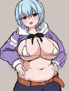 Rule 34 | 1girl, akatoki, belly, belt, blue hair, blue pants, bra, breasts, brown background, cleavage, clothes lift, frame arms girl, hands on own hips, hood, hoodie, hoodie lift, hresvelgr, large breasts, micro bra, navel, open mouth, pants, pink eyes, plump, purple hoodie, short hair, solo, standing, underwear, white bra