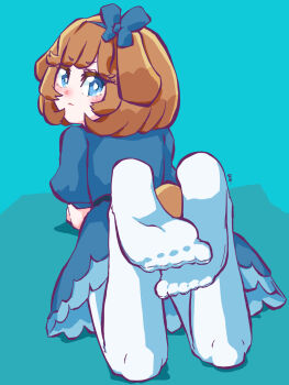 1girl blue_eyes brown_hair dradora feet highres looking_at_viewer looking_back lying medium_hair on_stomach original pantyhose soles toes white_pantyhose