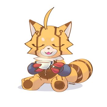 closed_eyes cup digimon digimon_(creature) digimon_beatbreak fangs highres holding holding_cup notaventura open_mouth pristimon raccoon simple_background solo stuffed_toy tea teacup