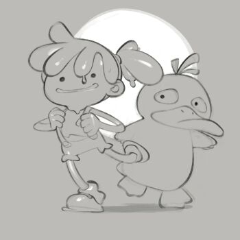 Rule 34 | . ., 1girl, animal, asymmetrical hair, bird, bulging eyes, closed mouth, ditto, duck, gen 1 pokemon, hair tie, hands up, happy, holding strap, leg up, looking at viewer, melting, misty (pokemon), nervous, nervous smile, nervous sweating, nintendo, open mouth, overalls, pokemon, pokemon pokopia, ponytail, psuedofolio, psyduck, running, shirt, shoes, short hair, short ponytail, short sleeves, shorts, side ponytail, smile, sneakers, solid circle eyes, standing, standing on one leg, suspender shorts, suspenders, sweat, topknot, transformed ditto, walking