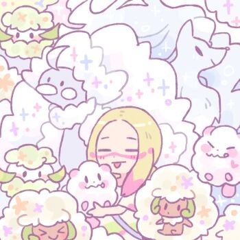 >_< 1girl alolan_form alolan_ninetales altaria blonde_hair blush blush_stickers chibi closed_eyes cottonee gen_3_pokemon gen_5_pokemon gen_6_pokemon gen_7_pokemon highres holding long_hair mega_altaria mega_pokemon mina_(pokemon) nintendo paint_in_hair paint_splatter paint_splatter_on_face pokemon pokemon_sm remoooon solo sparkle swirlix tongue tongue_out upper_body whimsicott
