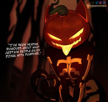 1girl animal_ears artist_name black_bodysuit bodysuit cat_ears cat_tail colored_tongue cowboy_shot english_text fortnite glowing glowing_eyes highres hollow_eyes leaning_forward looking_at_viewer mangopeanutjam pumpkin_head smile solo tail tongue tongue_out watermark yellow_bodysuit yellow_eyes yellow_tongue
