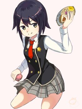 1girl black_hair black_vest closed_mouth coin_purse curry_bread food green_eyes hair_between_eyes highres holding holding_food long_sleeves miniskirt mole mole_under_eye necktie plaid_clothes plaid_skirt red_necktie ryuu_no_nukegara school_girl_strikers school_uniform shirt skirt smile solo sumihara_satoka vest white_background white_shirt