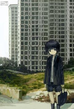 1boy bag black_coat black_eyes black_hair black_shorts boots city coat day feet_out_of_frame grass grey_shirt head_tilt highres hill holding holding_bag looking_at_viewer male_focus maomi_jita original outdoors painterly path road scenery shirt short_hair shorts sidewalk solo