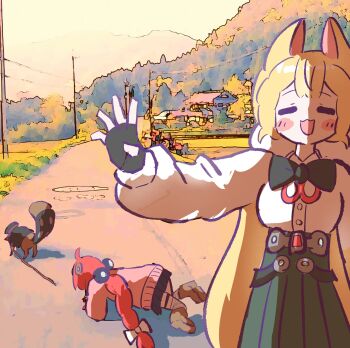 1other 2girls alice_thymefield all_fours animal animal_ears blonde_hair blush boots brown_boots cardigan chest_bow closed_eyes forest green_skirt hair_ornament hair_ribbon hat hearing_aid highres house kesiutu leash long_hair mountain multiple_girls nature open_mouth pink_cardigan rabbit_ears rabbit_girl raccoon red_hair ribbon road shirt skirt sphere_hair_ornament tail tanuki twintails ukinami_yuzuha white_ribbon white_shirt zenless_zone_zero