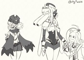 3girls :i agfavio aino_(genshin_impact) ass braid braided_hair_rings bulging_eyes cape commentary cowboy_shot english_commentary eye_pop forehead from_behind genshin_impact hair_rings hat height_difference highres holding_hands ineffa_(genshin_impact) jacket jahoda_(genshin_impact) long_sleeves monochrome multiple_girls scarf short_hair standing