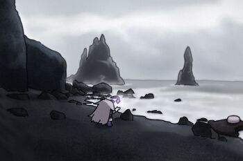 1girl back beach bing_huyue black_sand facing_away gem grey_sky hair_flaps hand_jewel highres hololive hololive_english iceland koseki_bijou koseki_bijou_(1st_costume) long_hair pebble_(koseki_bijou) purple_gemstone purple_hair purple_shoes real_world_location reynisfjara shoes sky standing virtual_youtuber