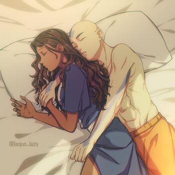 1boy 1girl aang aged_up arm_tattoo avatar:_the_last_airbender avatar_legends bald bed_sheet blue_dress brown_hair closed_eyes closed_mouth couple dark-skinned_female dark_skin dress head_tattoo highres hug hug_from_behind katara lanjun_lazy long_hair lying on_bed on_side orange_pants pants pillow sleeping tattoo toned toned_male topless_male twitter_username