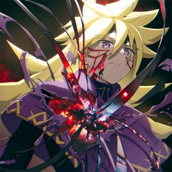 1boy antenna_hair atltax_00 black_background black_shirt blonde_hair capelet element_bending facial_mark facing_to_the_side gradient_background highres liquid long_hair looking_at_viewer male_focus paint_splatter paint_splatter_on_face poncho purple_capelet purple_eyes purple_poncho purple_tunic see-through_body shirt space spiked_hair star_(sky) star_(symbol) transformation tunic yu-gi-oh! yu-gi-oh!_go_rush!! zuwijo_zir_velgear