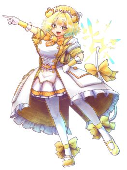 +_+ 1girl belt blonde_hair blue_eyes blue_hair bomb_hair_ornament bombergirl clover-shaped_pupils colored_tips dress explosive full_body fuse fuse_tail gloves grenade grenade_hair_ornament hat highres lit_fuse mateba6unika multicolored_hair necktie orange_hat orange_necktie pantyhose pine_(bombergirl) ribbon shoes short_hair shortstack symbol-shaped_pupils tail tail_ornament tail_ribbon two-tone_hair white_dress white_pantyhose yellow_pupils yellow_ribbon