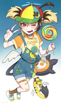 Rule 34 | 1girl, absurdres, ahoge, alternate costume, bandaid, bandaid on leg, baseball cap, black hair, black socks, black tail, blonde hair, blue background, candy, choker, commentary, denim, denim overalls, detached wings, earth (planet), english commentary, english text, familiar, food, full body, gigi murin, glint, gradient background, grem (gigi murin), hair through headwear, hat, highres, holding, holding candy, holding food, holding lollipop, hololive, hololive english, jewelry, lollipop, looking at viewer, low wings, meme, migokami, multicolored hair, multiple rings, one eye closed, open mouth, orange shirt, orange socks, overalls, planet, print shirt, propeller hat and lollipop dog (meme), red eyes, ring, sharp teeth, shirt, shoes, sidelocks, single off shoulder, smile, socks, striped clothes, striped socks, tail, teeth, tongue, tongue out, twintails, two-tone hair, two-tone socks, v, white background, white shoes, wings