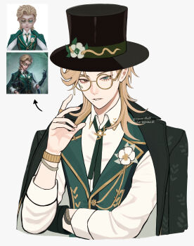 1boy absurdres black_gloves blonde_hair bracelet brooch collared_shirt commentary english_commentary flower_brooch glasses gloves green_eyes green_jacket green_ribbon hair_intakes hair_over_shoulder hand_up hat heterochromia highres identity_v jacket jacket_on_shoulders jewelry long_hair looking_at_viewer male_focus mark_under_eye mole mole_under_mouth nana_illust neck_ribbon official_alternate_costume reference_inset ribbon richard_sterling richard_sterling_(art_dealer) ring round_eyewear screenshot_inset shirt signature single_glove snake_tattoo solo swept_bangs tattoo three-quarter_sleeves top_hat upper_body vest white_background white_shirt yellow_eyes