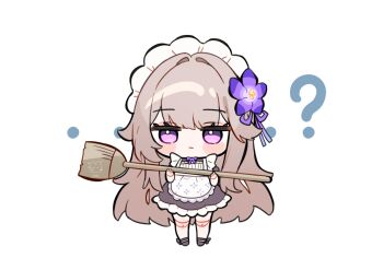 1girl ? alternate_costume apron black_dress black_shoes blush_stickers bow broom brown_hair cheli_(kso1564) chibi closed_mouth commentary_request doll_joints dress enmaided flower frilled_apron frills full_body hair_flower hair_ornament herta_(honkai:_star_rail) herta_(puppet)_(honkai:_star_rail) holding holding_broom honkai:_star_rail honkai_(series) joints long_hair looking_at_viewer maid maid_apron maid_headdress puffy_short_sleeves puffy_sleeves purple_bow purple_eyes purple_flower shoes short_sleeves simple_background solo standing very_long_hair white_apron white_background