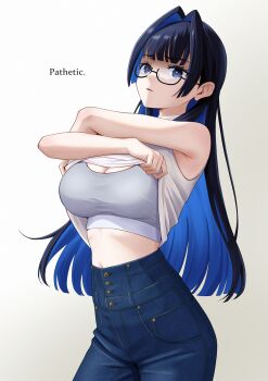 1girl absurdres black-framed_eyewear blue_eyes blue_hair blue_pants blunt_bangs blunt_ends breasts chillmi clothes_lift commentary cowboy_shot denim english_text glasses grey_sports_bra hair_intakes high-waist_pants highres hololive hololive_english jeans large_breasts lifting_own_clothes long_hair looking_at_viewer ouro_kronii ouro_kronii_(casual) pants parted_lips semi-rimless_eyewear shirt shirt_lift simple_background sleeveless sleeveless_shirt solo sports_bra standing under-rim_eyewear undressing very_long_hair virtual_youtuber white_background white_shirt