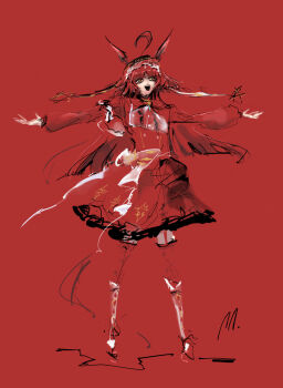 1girl absurdres ahoge animal_ears artist_name blunt_bangs blunt_ends boots dress hairband highres horse_ears horse_girl horse_tail long_hair long_sleeves open_mouth red_background red_boots red_desire_(umamusume) red_dress red_eyes red_hair red_hairband ringring_(artist) simple_background smile solo tail umamusume very_long_hair